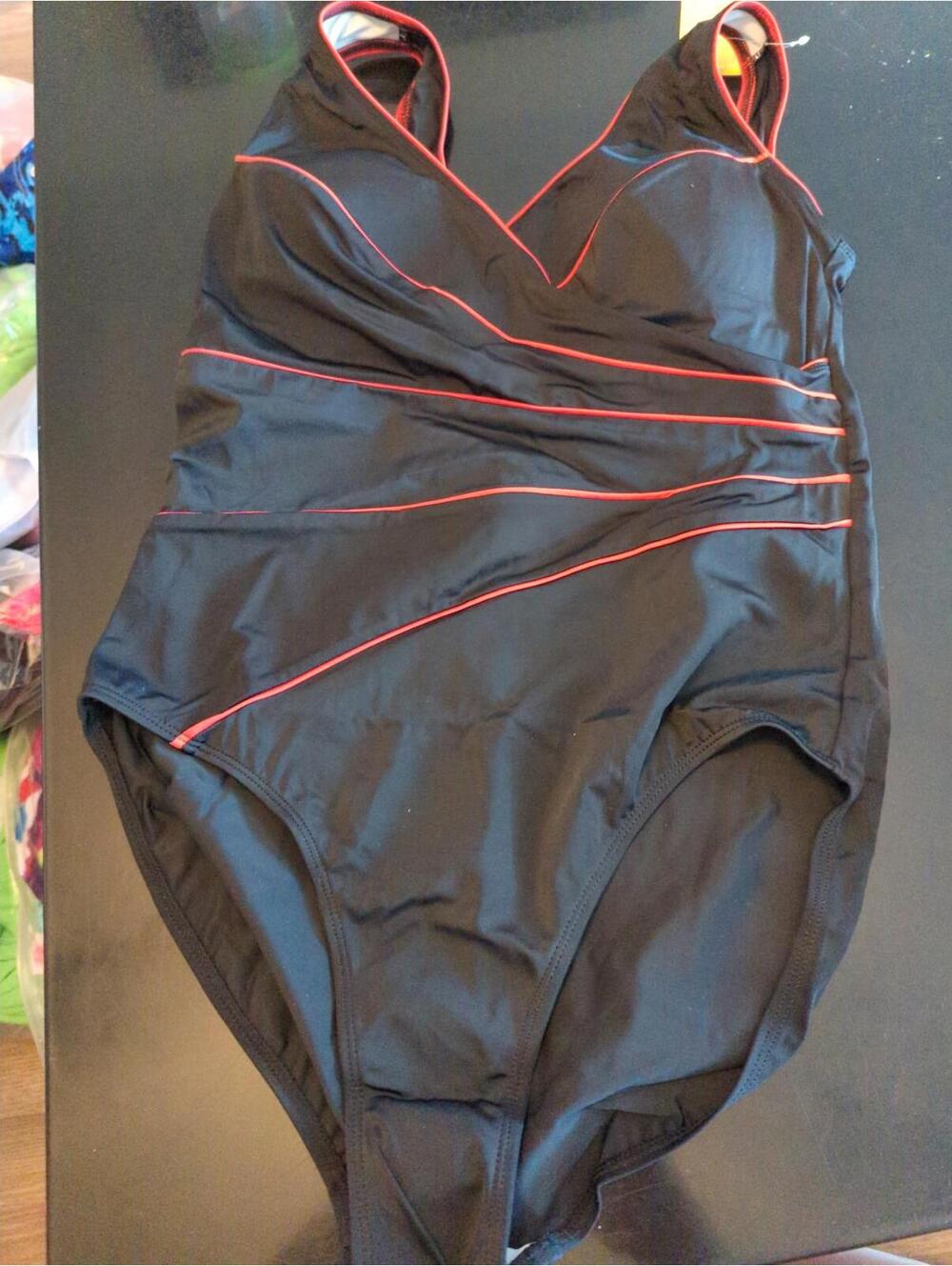 Delimira Black One-Piece Swimsuit with Red Piping Detail Size 12 (703)